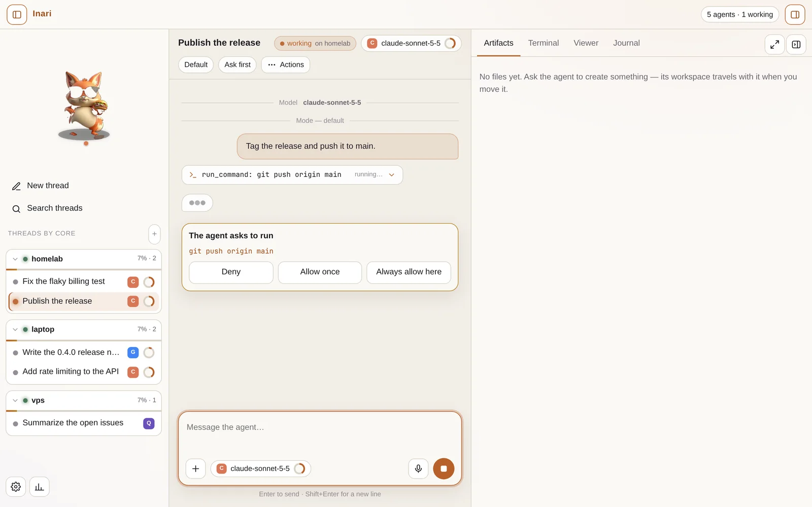 A thread waiting for a decision: a card at the bottom of the conversation says the agent asks to run git push origin main, with Deny, Allow once and Always allow here.