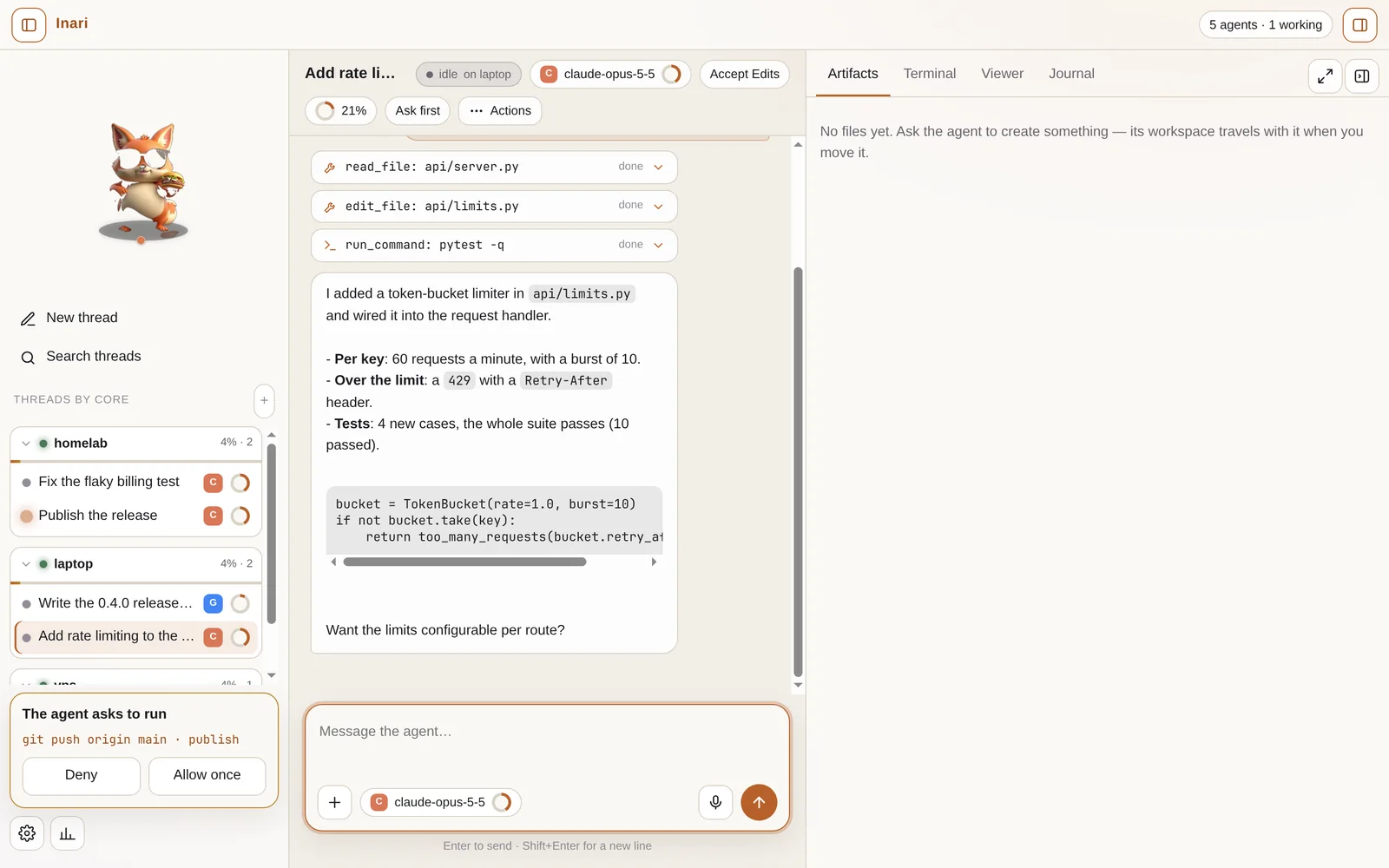 The Inari interface: threads grouped by machine on the left, a conversation with a Claude agent in the middle showing its tool calls and answer, a context ring and mode chips above it.