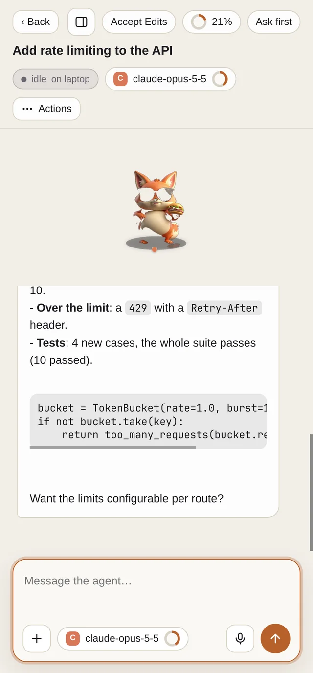 The same interface on a phone: the mascot above a conversation, with the composer below.